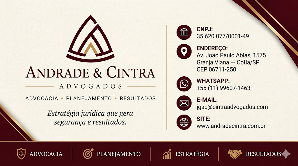 Cartão institucional Andrade & Cintra Advogados — CNPJ 35.620.077/0001-49 — Av. João Paulo Ablas, 1575, Granja Viana, Cotia/SP — WhatsApp +55 (11) 99607-1463 — jgac@cintraadvogados.com — www.andradecintra.com.br