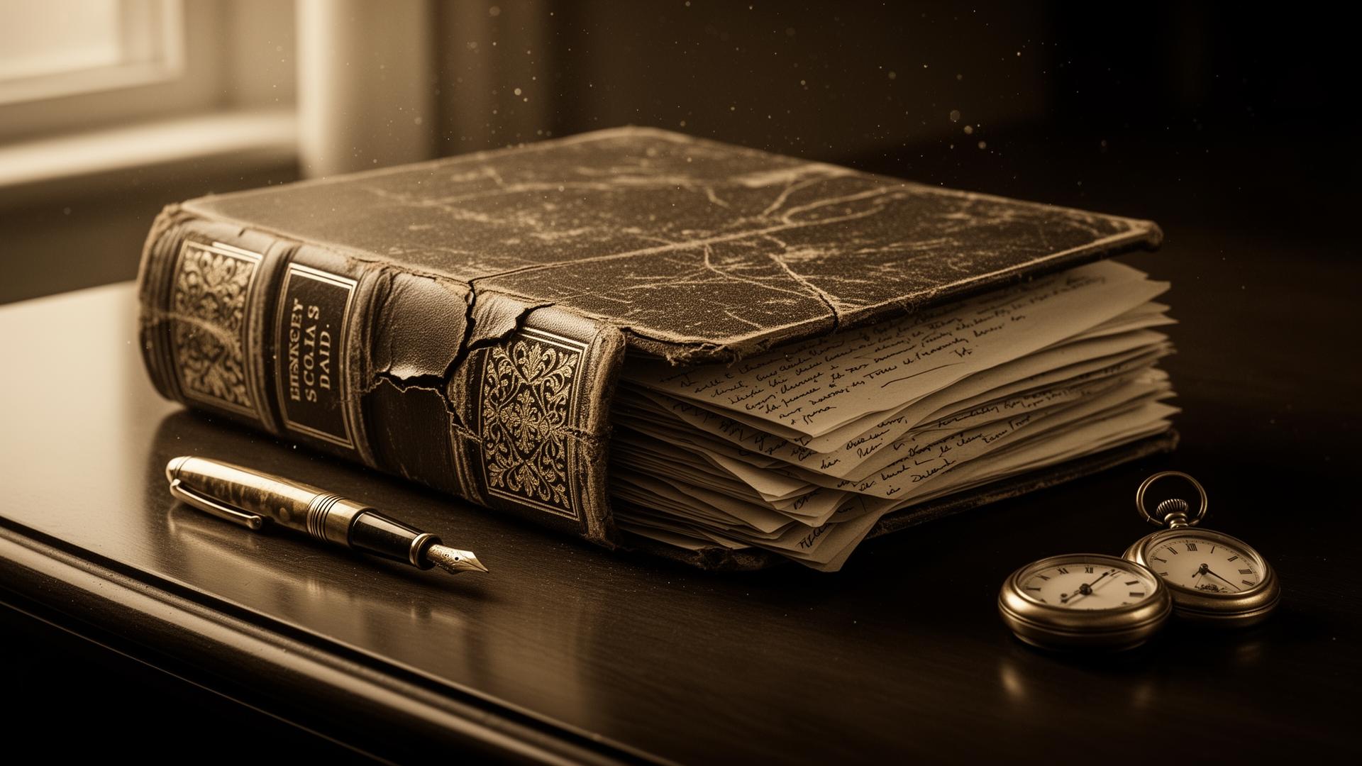 Caderno de processo encadernado em couro envelhecido, páginas amareladas com anotações manuscritas, caneta-tinteiro e relógio de bolso antigo sobre escrivaninha de mogno em luz suave.